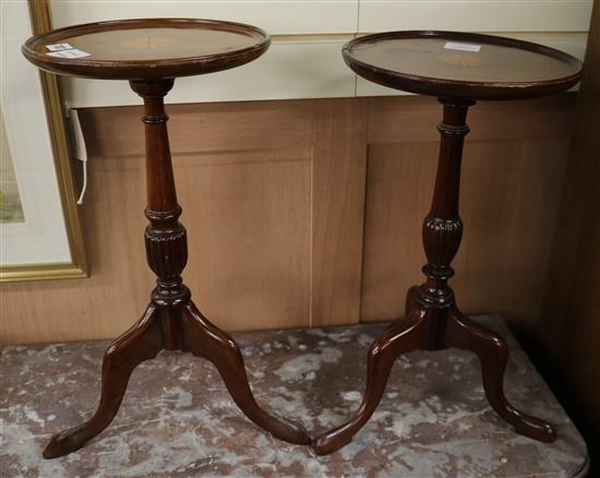 Two Edwardian inlaid mahogany tripod wine tables W.25cm